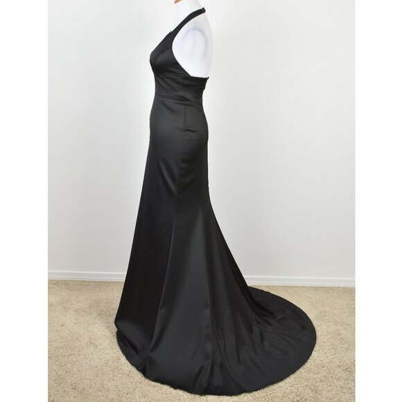 Sherri Hill 50919 Black Satin Deep V-Neck Halter Formal Gown - 2 - Picture 7 of 11